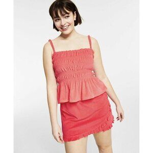 NEW BAR III WOMEN'S TERRY RUFFLED SMOCKED TOP WATERMELON PUNCH SZ M